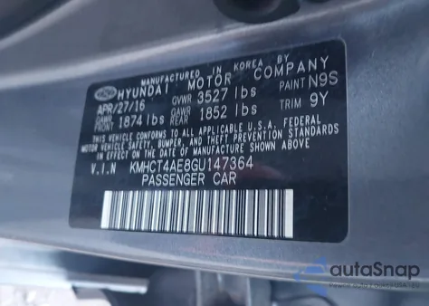 2016 Hyundai Accent Se z USA, uszkodzony, nr VIN KMHCT4AE8GU147364